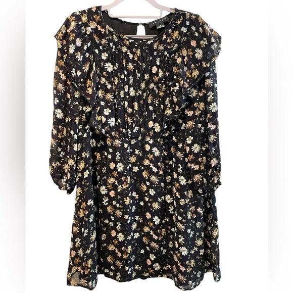 Sanctuary Black Floral Ruffle Long Sleeve Mini Dress Fully Lined Size Medium - Picture 1 of 7